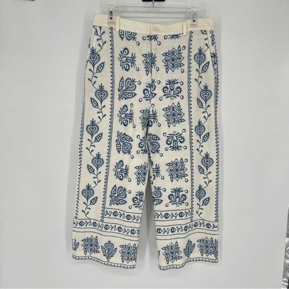 Zara Linen Embroidered Culottes Wide‎ Leg Pants Size Large - Picture 3 of 16